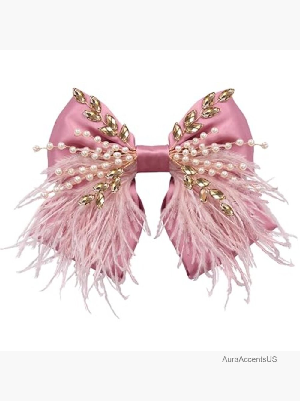 Large Silk Satin Hair Bows Clips with Pearl Crystal Feather for Women